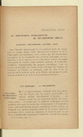 Chapitre XXIII Le mouvement intellectuel au dix-septième siècle Sciences, Philosophie, Lettres, Arts