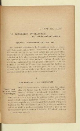 Chapitre XXIII Le mouvement intellectuel au dix-septième siècle Sciences, Philosophie, Lettres, Arts