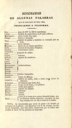 Espligacion de algunas palabras que se hallarán en esta obra peculiares a Filipinas