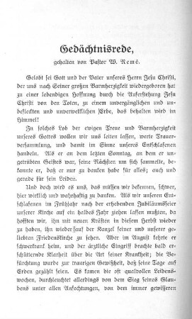 Gedächtnisrede, gehalten von Pastor W. Remé.