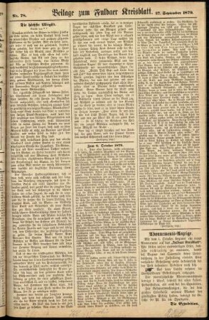 Zweite Ausgabe vom Samstag, den 27. September 1879.