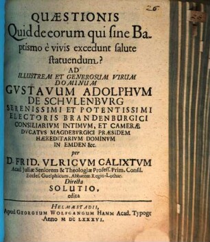 Quaestionis, quid de eorum qui sine baptismo e vivis excedunt, Salute statuendum ... directa Solutio