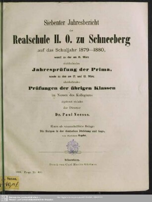 1880: Jahresbericht der Realschule II. O. zu Schneeberg : auf das Schuljahr ...; womit zu der am ... stattfindenden Jahresprüfung der ersten Klasse, sowie zu den am ... abzuhaltenden Prüfungen der übrigen Klassen im Namen des Kollegiums ergebenst einladet