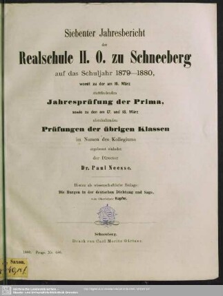 1880: Jahresbericht der Realschule II. O. zu Schneeberg : auf das Schuljahr ...; womit zu der am ... stattfindenden Jahresprüfung der ersten Klasse, sowie zu den am ... abzuhaltenden Prüfungen der übrigen Klassen im Namen des Kollegiums ergebenst einladet