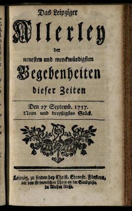 Den 27 Septemb. 1757. Neun und dreyßigstes Stück.