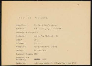 Rose Theater (auch: Ostend Theater, auch: Carl-Weiß-Theater), Berlin: Schriftstück zum Fragebogen für das Handbuch »Das Deutsche Theater«