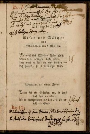 Sinngedichte. 1. Rosen und Mädchen und Mädchen und Rosen. - 37. Nutzen des Spiegels.