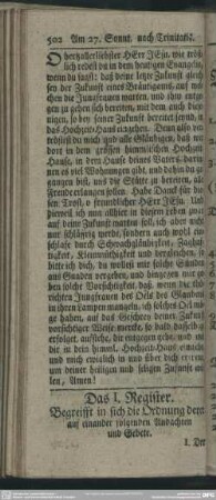 Das I. Register. Begreift in sich die Ordnung derer auf einander folgenden Andachten und Gebete