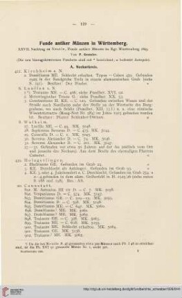 Neue Folge 3: Funde antiker Münzen in Württemberg : XXVII. Nachtrag zu Nestle, Funde antiker Münzen im Kgr. Württemberg 1893