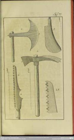 Taf. 77 [Beile zum Zerschneiden der Weinbeertrestern und Säge]