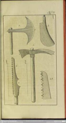Taf. 77 [Beile zum Zerschneiden der Weinbeertrestern und Säge]