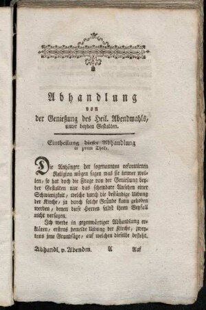 Eintheilung dieser Abhandlung in zween Theile.