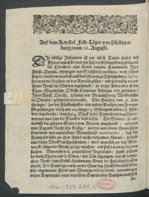 Auß dem Kayserl. Feld-Läger vor Philippsburg/ vom 26. Augusti.