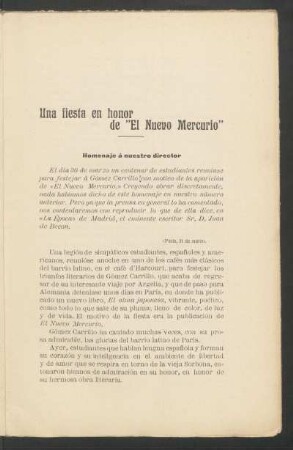 Una fiesta en honor de "El Nuevo Mercurio" : Homenaje á nuestro director