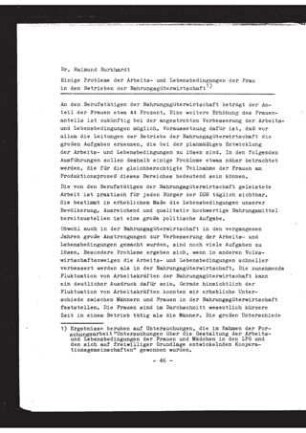 Einige Probleme der Arbeits- und Lebensbedingungen der Frau in den Betrieben der Nahrungsgüterwirtschaft