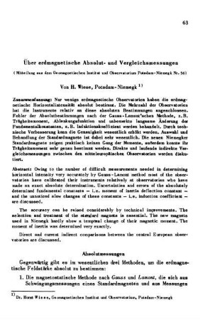 Über erdmagnetische Absolut- und Vergleichsmessungen