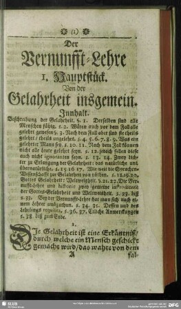 Der Vernufft-Lehre 1. Hauptstück. Von der Gelahrtheit insgemein
