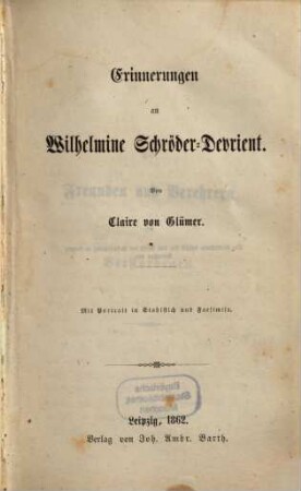 Erinnerungen an Wilhelmine Schröder-Devrient