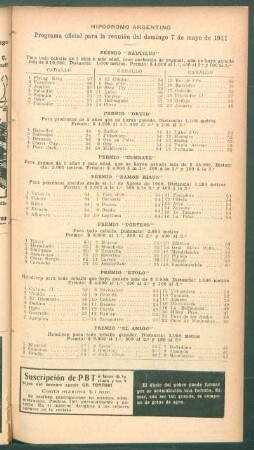Hipódromo Argentino - Programa oficial para la reunión del domingo 7 del domingo de 1911