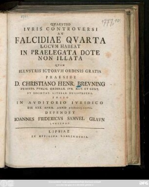 Qvaestio Ivris Controversi An Falcidiae Qvarta Locvm Habeat In Praelegata Dote Non Illata