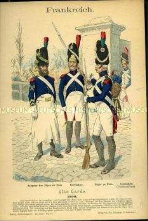 Uniformdarstellung, Sappeur und Gemeiner der Jäger zu Fuß, Grenadiere der Alten Garde, Erstes Kaiserreich Frankreich, 1806.