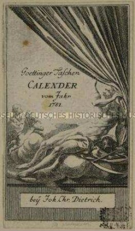 Saturn zieht einen Vorhang zur Seite - deutschsprachiges Titelblatt für den "Almanac de Goettingue pour l'année 1781"