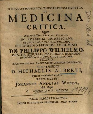Disputatio Medica Theoretico-Practica De Medicina Critica