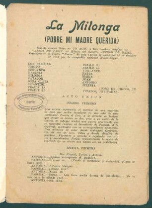 La milonga : (pobre mi madre querida) ; sainete cómico lírico en un acto y tres cuadro