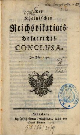 Des Rheinischen Reichsvikariats-Hofgerichts Conclusa : im Jahre ... 1792