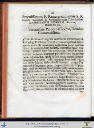Ad Serenissimum & Reverdissimum S. R. Imperii Elctorem et Archiepiscopum Coloniensem Maximilianum Henricum…