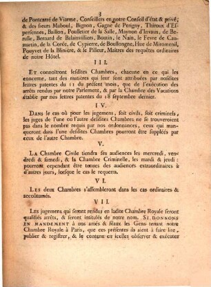 Lettres Patentes Du Roi, En Forme De Déclaration, Pour partager le service de la Chambre Royale en deux Chambres, l'une pour les affaires Civiles & de Police, l'autre pour les affaires Criminelles : Donnés à Fontainebleau, le 18 Novembre 1753. Registrées en ladite Chambre le 20 Novembre 1753.