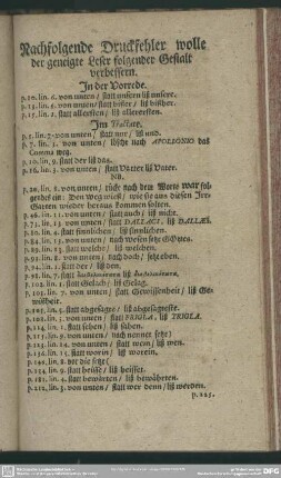 Nachfolgende Druckfehler wolle der geneigte Leser folgender Gestalt verbessern