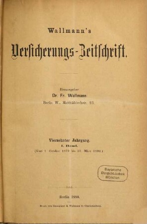 Wallmann's Versicherungszeitschrift. 14,1. 1879/80