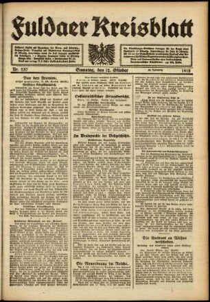 Erste Ausgabe vom Samstag, den 12. Oktober 1918.