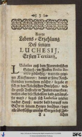 Kurtze Lebens_erzehlung deß seeligen Luchesii, ersten Tertiarii.