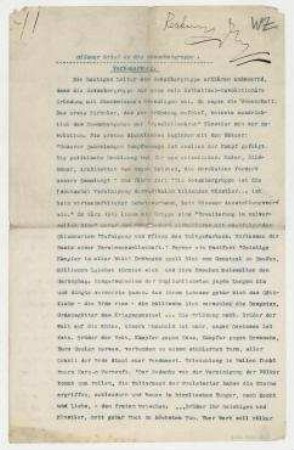 Offener Brief an die Novembergruppe [Berlin]. Raoul Hausmann in Zusammenarbeit mit Otto Dix, Max Dungert, Otto Freundlich, George Grosz, H. [Hannah] Höch, Ernst Krantz, [Franz] Mutzenbecher, Thomas Ring, Rudolf Schlichter, Georg Scholz, Willy Zierath