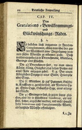 Cap. IV. Von Gratulations-Bewillkommungs- und Glückwünschungs-Reden.