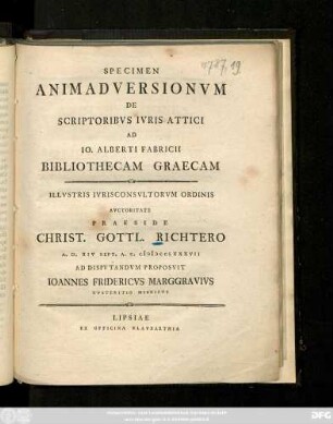 Specimen Animadversionvm De Scriptoribvs Ivris Attici Ad Jo. Alberti Fabricii Bibliothecam Graecam