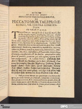 Disputatio Theologiae Biblicae, Peccato Mortaliproaerectico, Vel Contra Conscientiam.