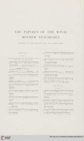 Transcript of the hieratic text into hieroglyphics