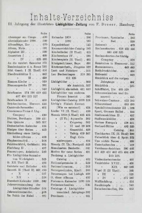 Inhalts-Verzeichniss III. Jahrgang der illustrirten Liebigbilder-Zeitung von F. Dresser, Hamburg.
