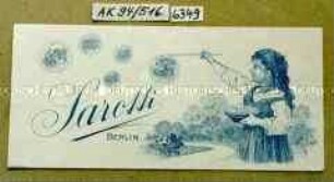 Pappkarte mit Aufdruck "E.G. Sarotti BERLIN" (Abbildung eines Mädchens mit Seifenblasen)
