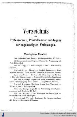 Verzeichnis der Professoren und Privatdocenten mit Angabe der angekündigten Vorlesungen.