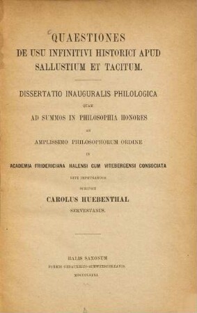 Quaestiones de usu infinitivi historici apud Sallustium et Tacitum