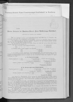 An die Herren Actionäre der Hamburg-Bremer Feuer-Versicherungs-Gesellschaft.
