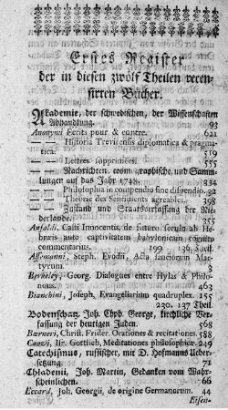 Erstes Register der in diesen zwölf Theilen recensirten Bücher.