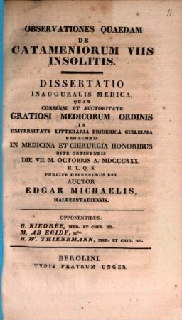 Observationes quaedam de catameniorum viis insolitis : Diss. inaug. med.