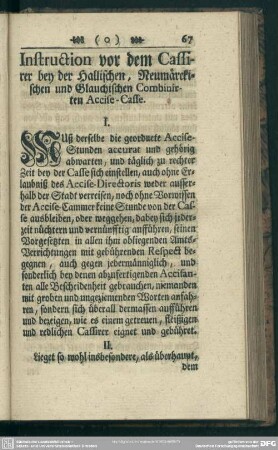 Instruction vor dem Cassirer bey der Hallischen, Neumärckischen und Glauchischen Combinirten Accise-Casse