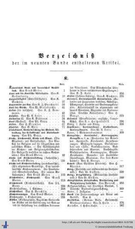 Verzeichniß der im neunten Bande enthaltenen Artikel.