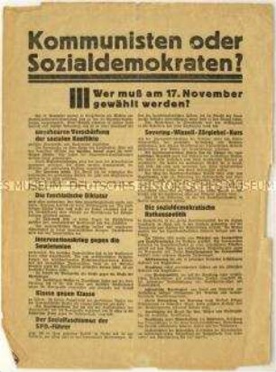 Flugblatt der KPD gegen die SPD und Aufruf zur Berliner Stadtverordnetenwahl 1929